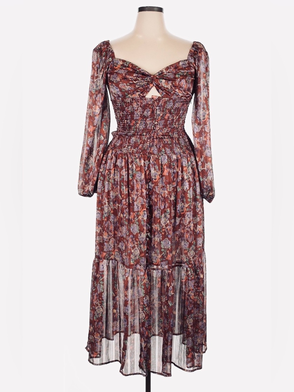 ASTR Brown-Maroon Floral Smocked Midi Dress